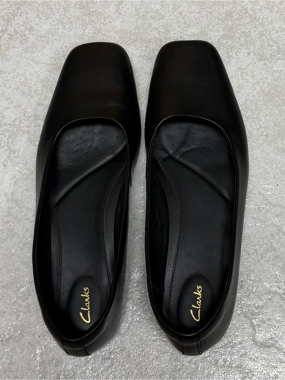Clarks Black Leather Square-Toe Women’s Flats